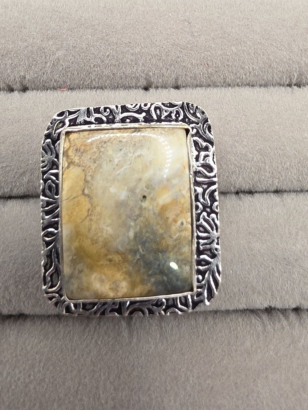 Silver Platee Rectangular Jasper Statement Ring Size 7 in Earthy Yellow-Green
